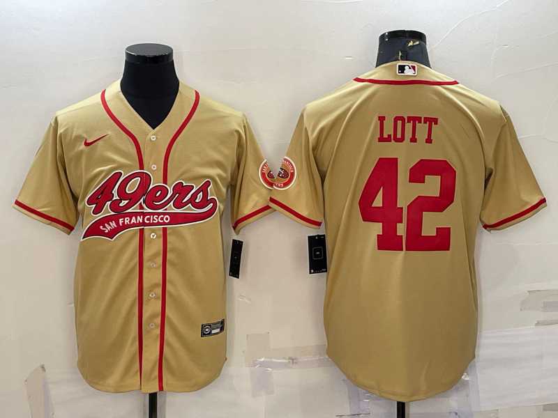 Men%27s San Francisco 49ers #42 Ronnie Lott Gold With Patch Cool Base Stitched Baseball Jersey
